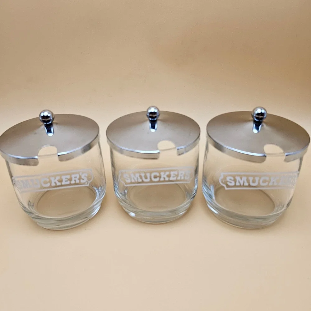 Vintage Smuckers‎ Glass Jam Jelly Condiment Jars Set of 3 with Metal Caddy